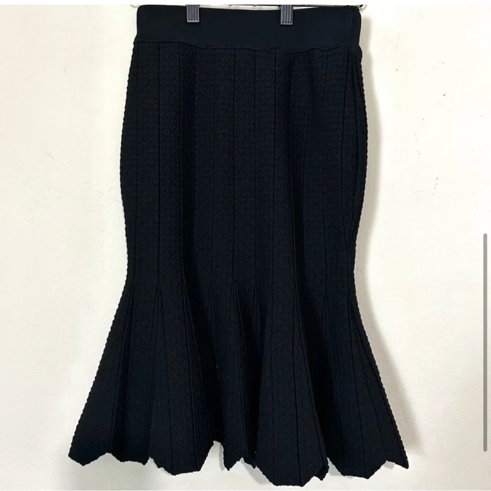 Jonathan Simkhai Pointelle Scallop Black Knew Length Skirt SIZE XS